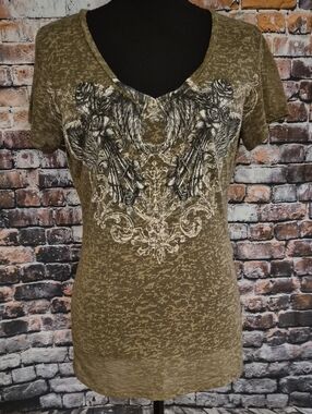 In Vein Women's Olive Short Sleeve V-Neck Tee with Ornate Front Graphic
